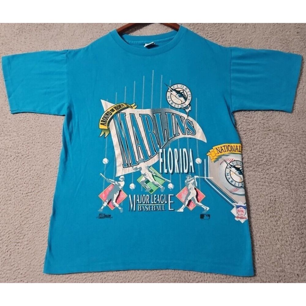 VINTAGE Florida Marlins Shirt Men's Large Blue Salem 1992 Double Sided Baseball